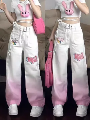 American INS Retro Gradient Pink Printed Jeans for Women – Summer High-Waisted Loose Straight-Leg Wide-Leg Pants