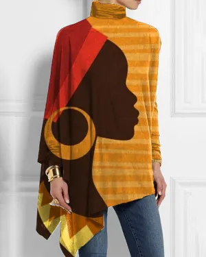 Artistic personality black contrast printed loose turtleneck top