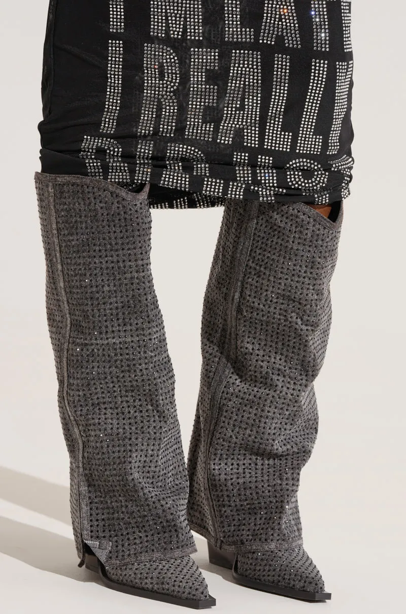 AZALEA WANG CALCIFER GRAY RHINESTONE AND DENIM WESTERN BOOT