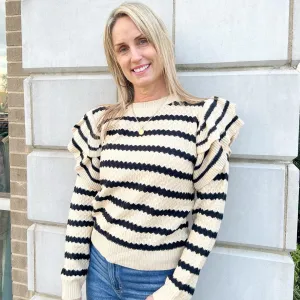 Beige/Black Striped Ruffled Textured Sweater