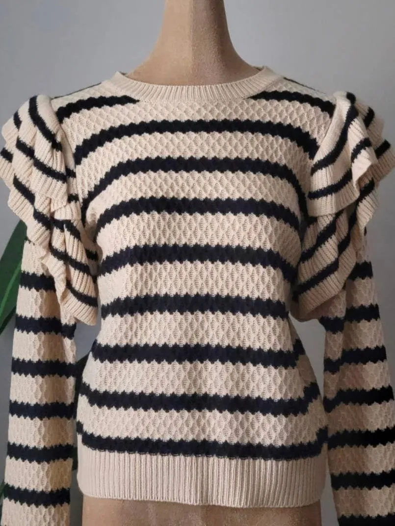 Beige/Black Striped Ruffled Textured Sweater