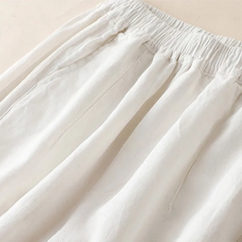 Buddha Stones Casual Plain Color Side Pleats Cotton Linen Women's Wide Leg Pants With Pockets