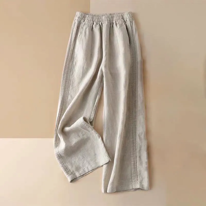 Buddha Stones Casual Plain Color Side Pleats Cotton Linen Women's Wide Leg Pants With Pockets