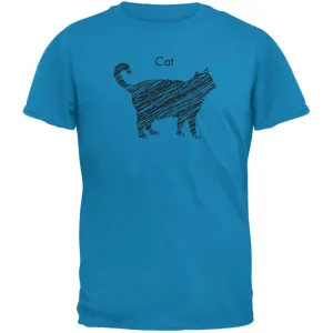 Cat Scribble Drawing Sapphire Blue Adult T-Shirt