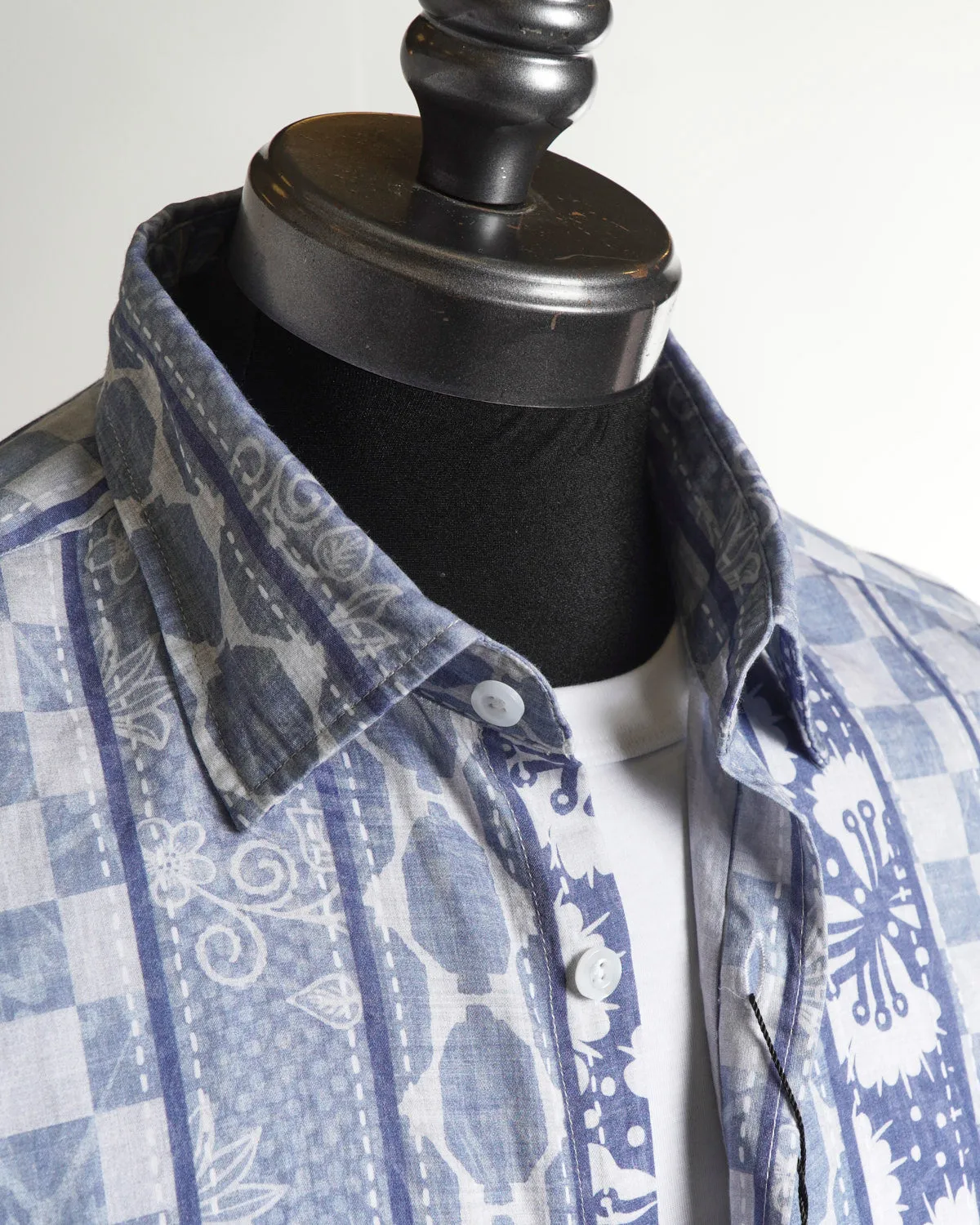 'Champlain' Blue Pattern Cotton & Tencel Short Sleeve Shirt