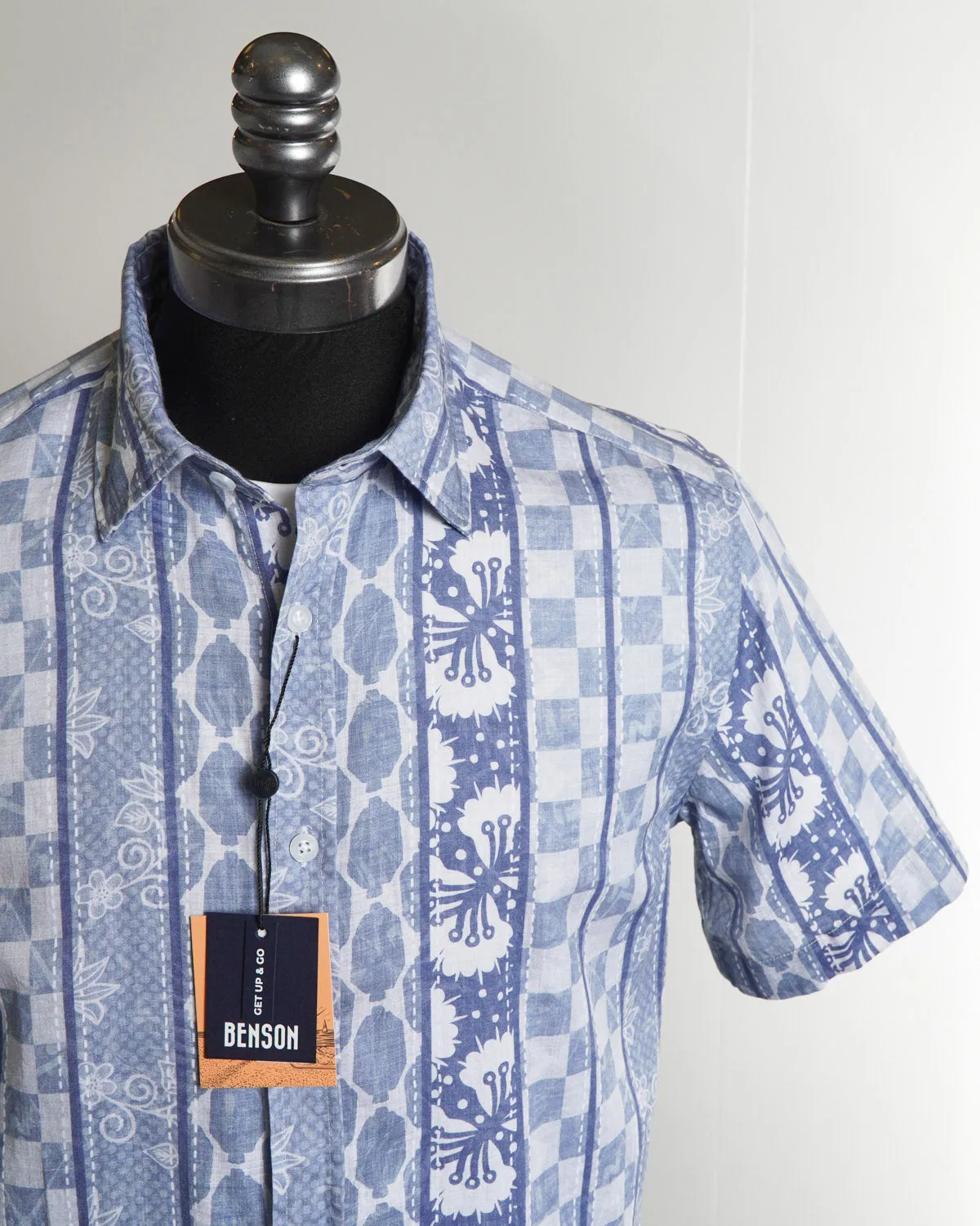 'Champlain' Blue Pattern Cotton & Tencel Short Sleeve Shirt