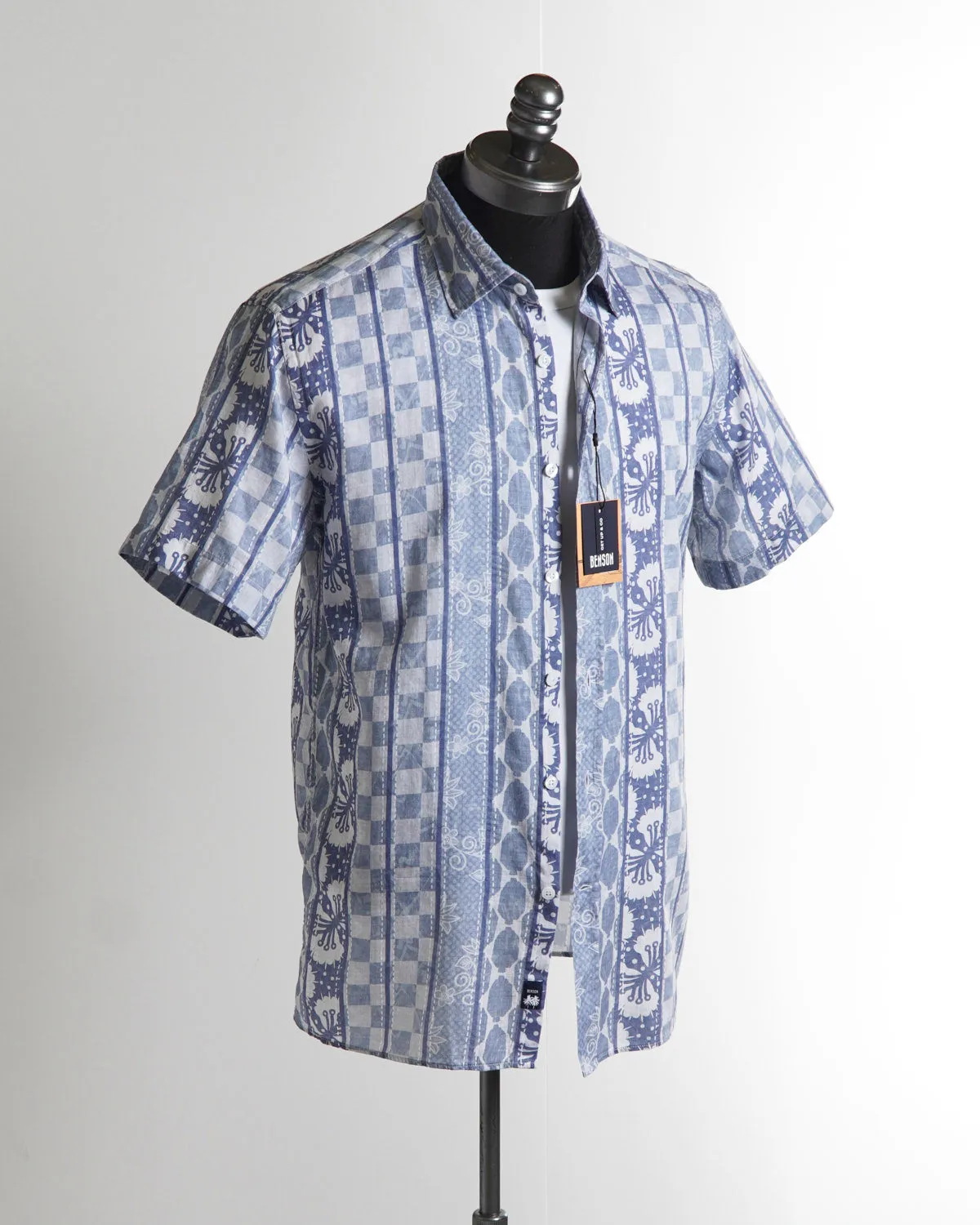 'Champlain' Blue Pattern Cotton & Tencel Short Sleeve Shirt
