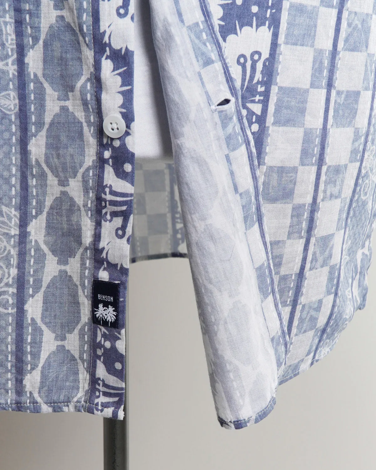 'Champlain' Blue Pattern Cotton & Tencel Short Sleeve Shirt