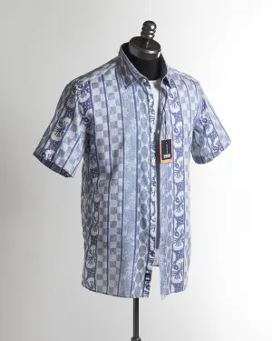 'Champlain' Blue Pattern Cotton & Tencel Short Sleeve Shirt