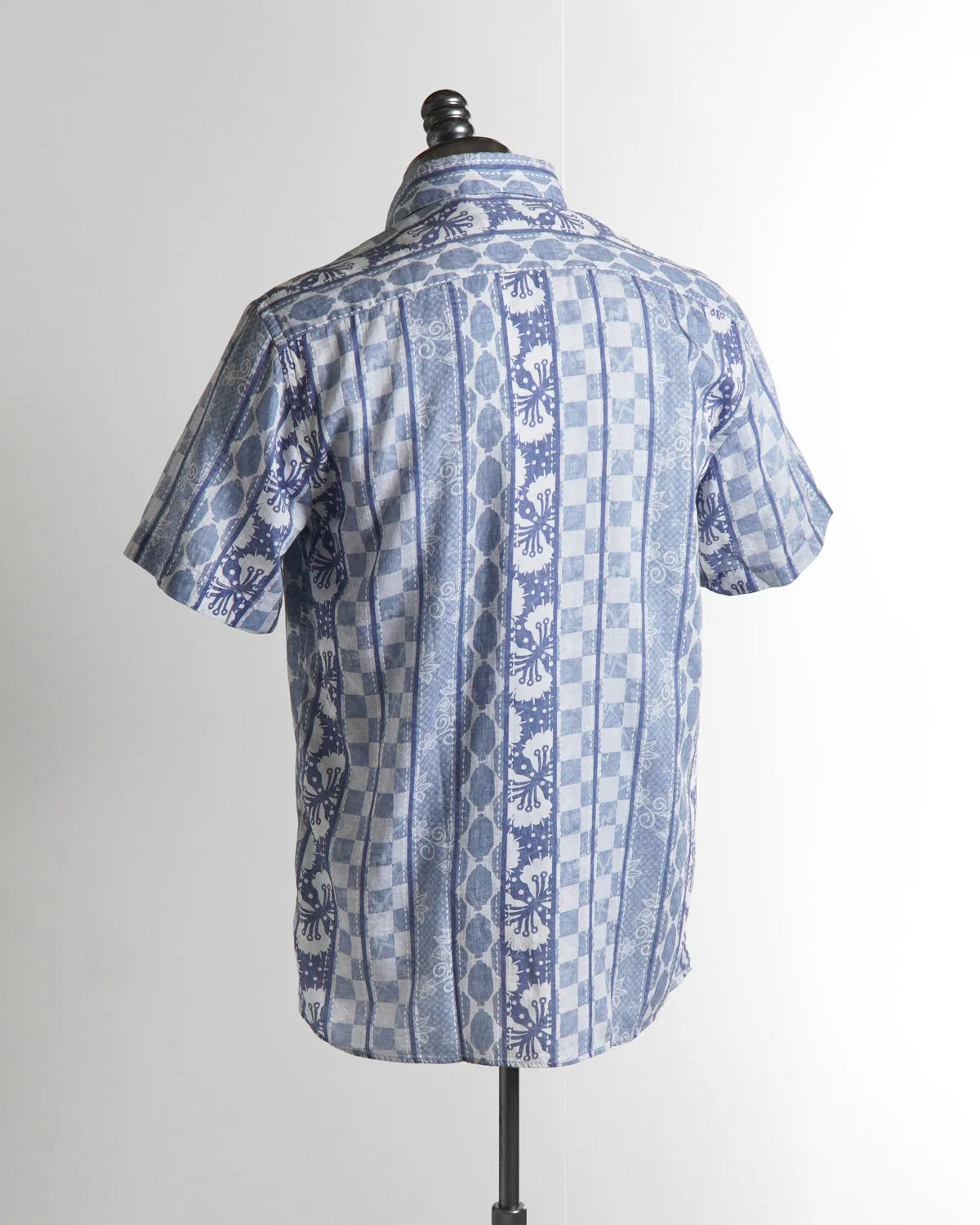 'Champlain' Blue Pattern Cotton & Tencel Short Sleeve Shirt