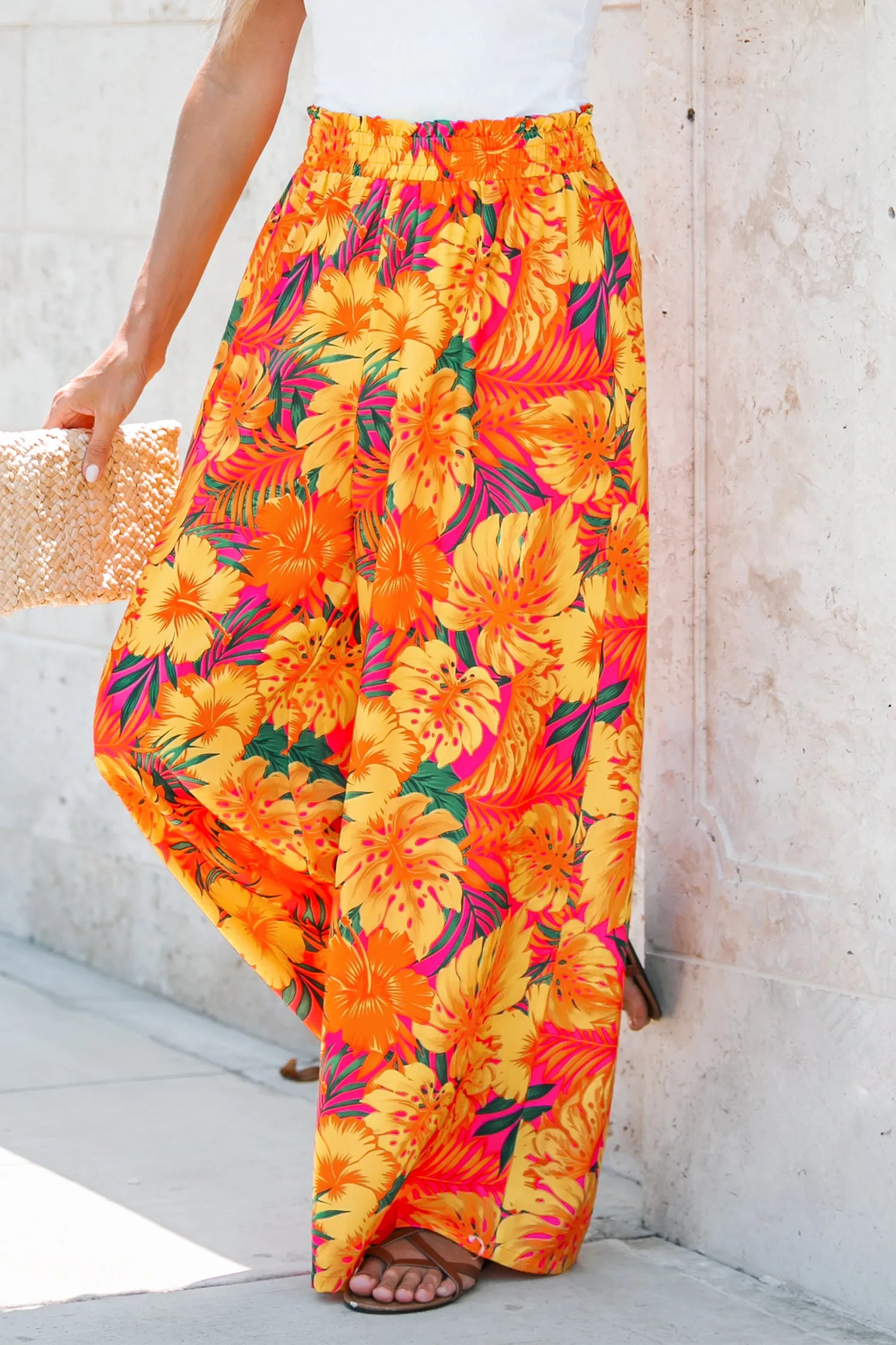 Colorful Tropical Print Smocked Pants