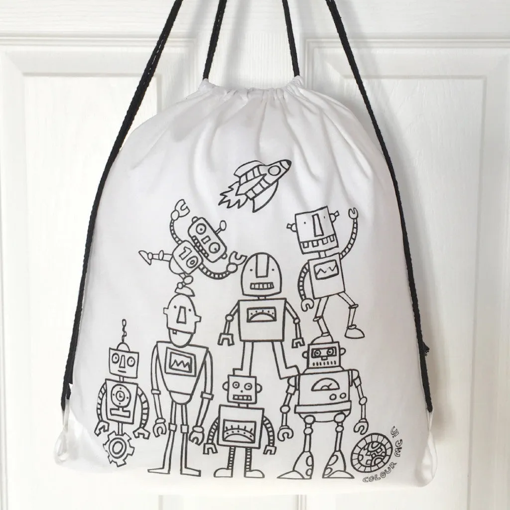 Colour Me In Robots Drawstring Bag