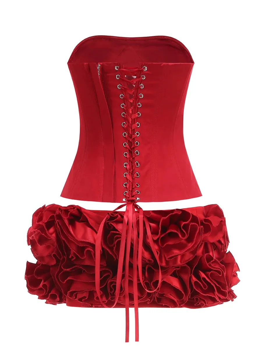 Corset Top And 3d Flower Micro Skirt Set