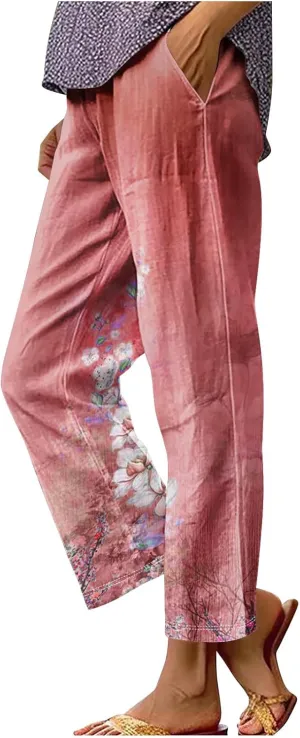 Cotton Linen Pants Women Summer Casual Floral Print Boho Beach Capris Bottoms Lightweight Wide Leg High Waisted Slacks