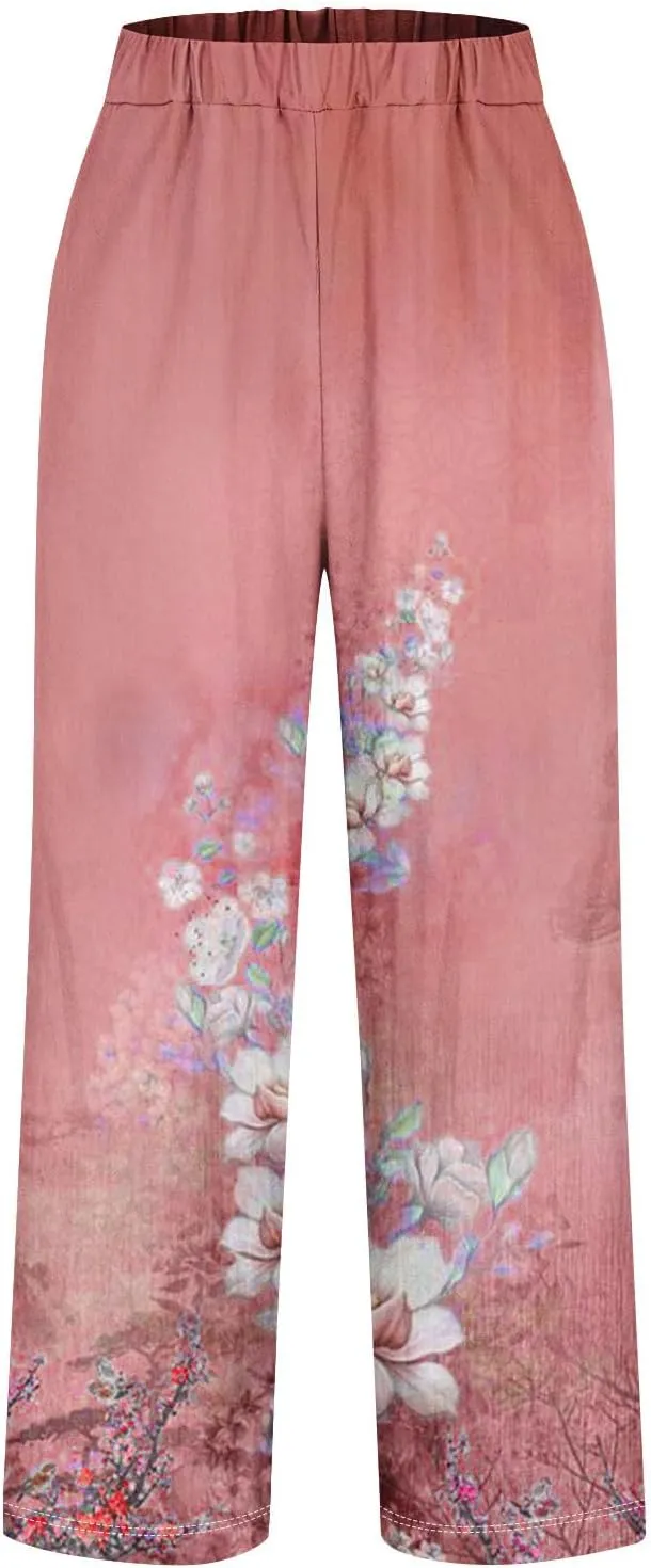 Cotton Linen Pants Women Summer Casual Floral Print Boho Beach Capris Bottoms Lightweight Wide Leg High Waisted Slacks