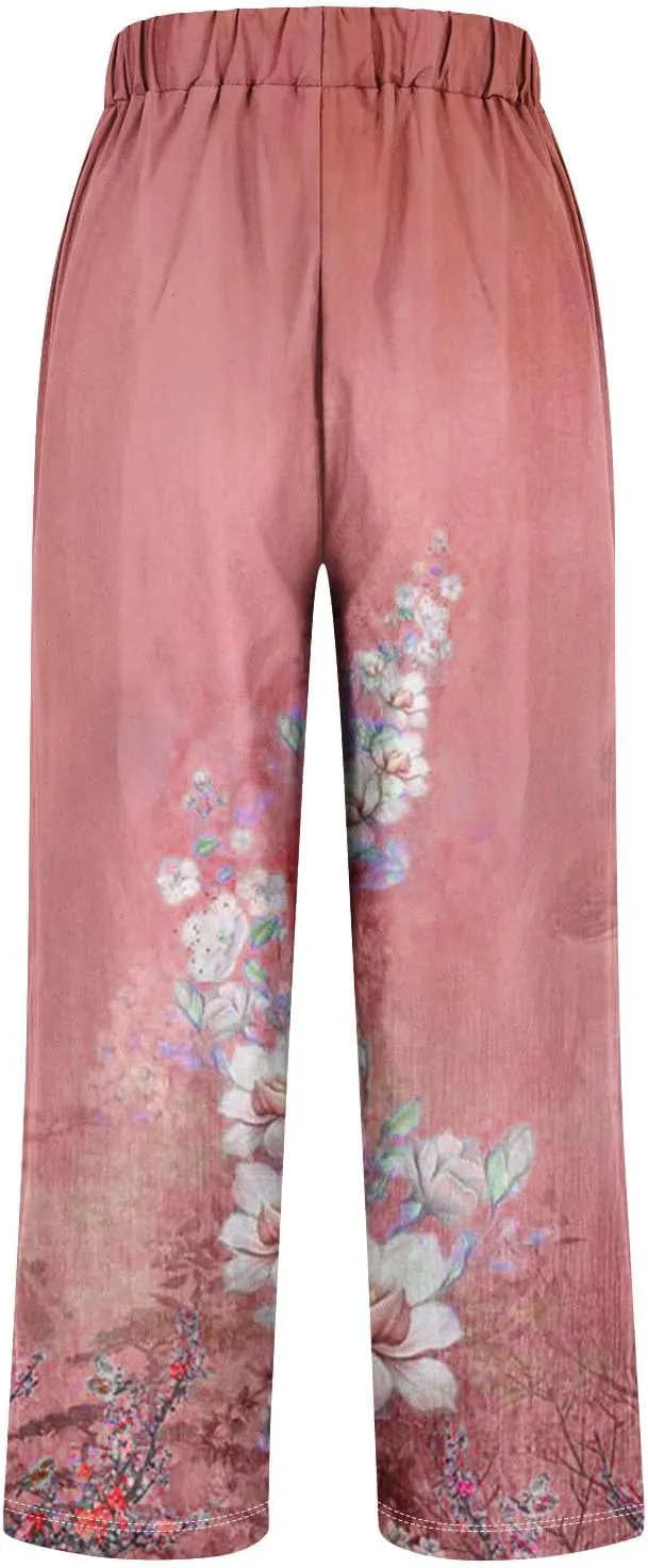 Cotton Linen Pants Women Summer Casual Floral Print Boho Beach Capris Bottoms Lightweight Wide Leg High Waisted Slacks