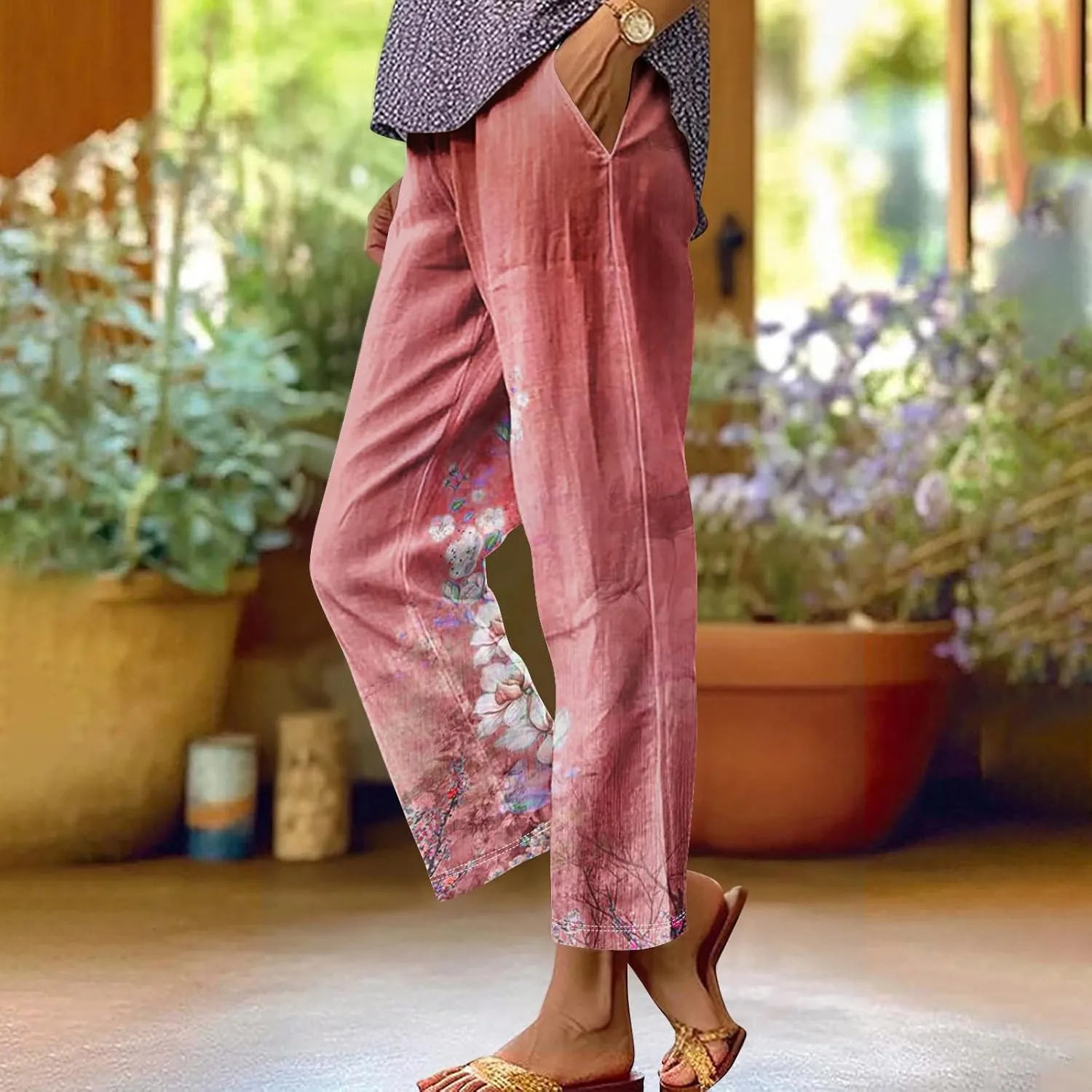 Cotton Linen Pants Women Summer Casual Floral Print Boho Beach Capris Bottoms Lightweight Wide Leg High Waisted Slacks