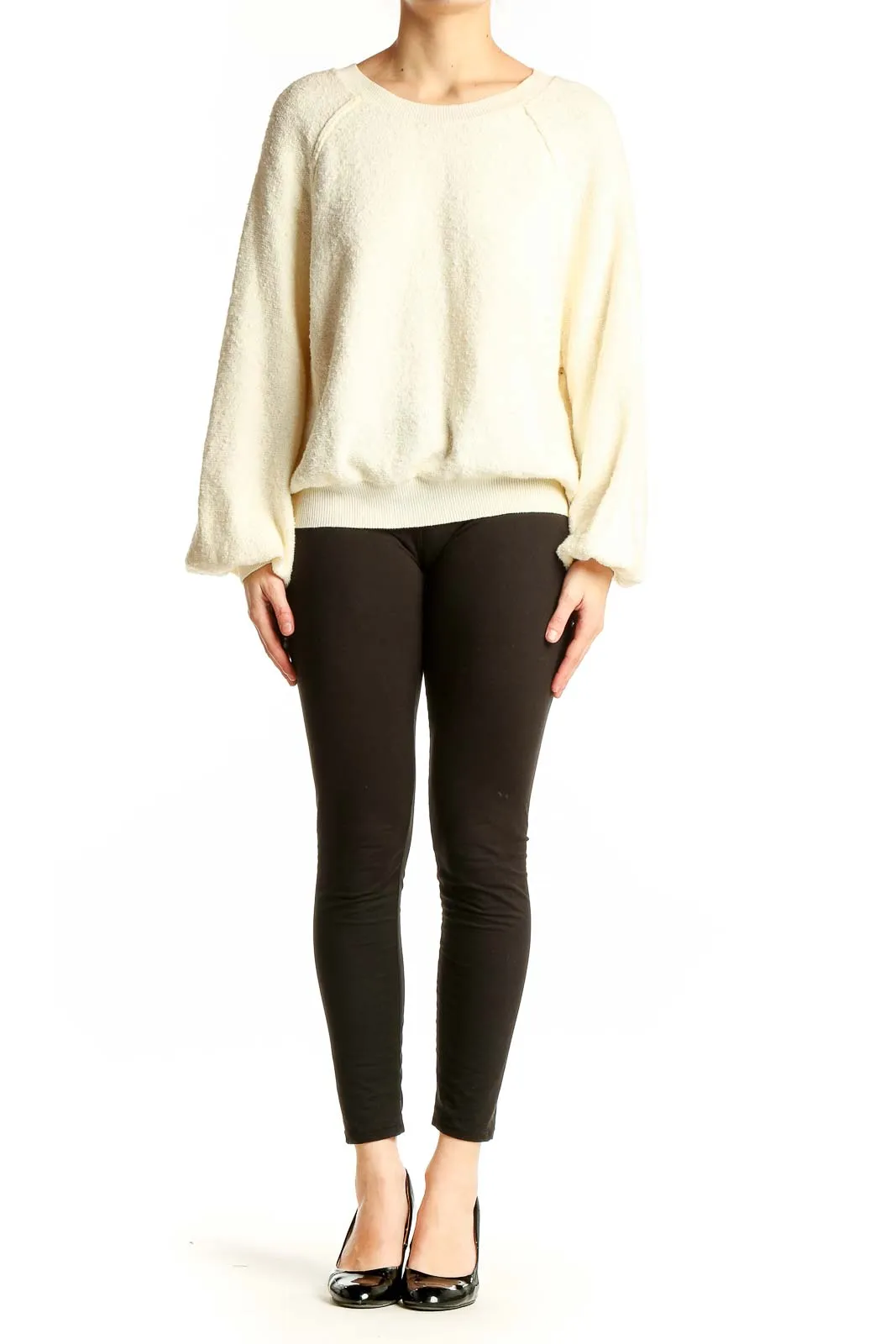 Cream Textured Balloon Sleeve Sweater