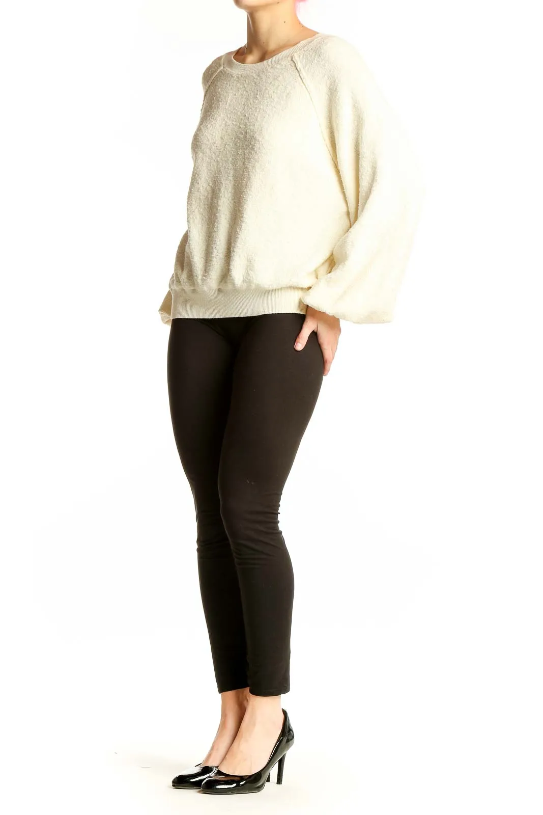 Cream Textured Balloon Sleeve Sweater