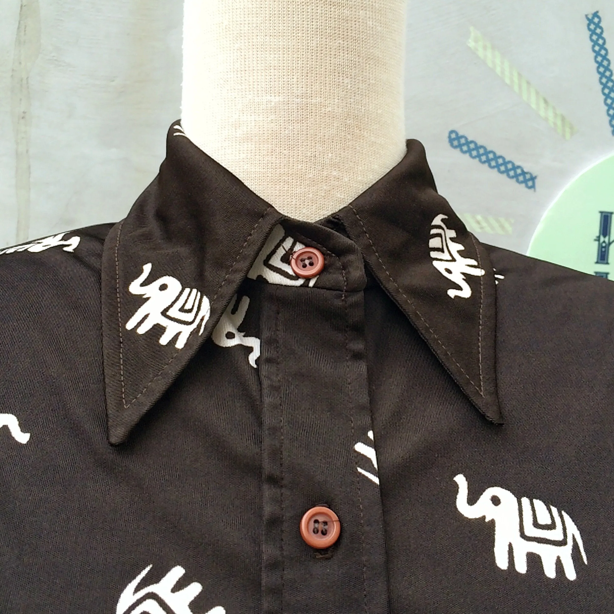 Elly Ele | Vintage 1960s 1970s Big Pointy Collar dark brown shirt with Indie Elephant prints