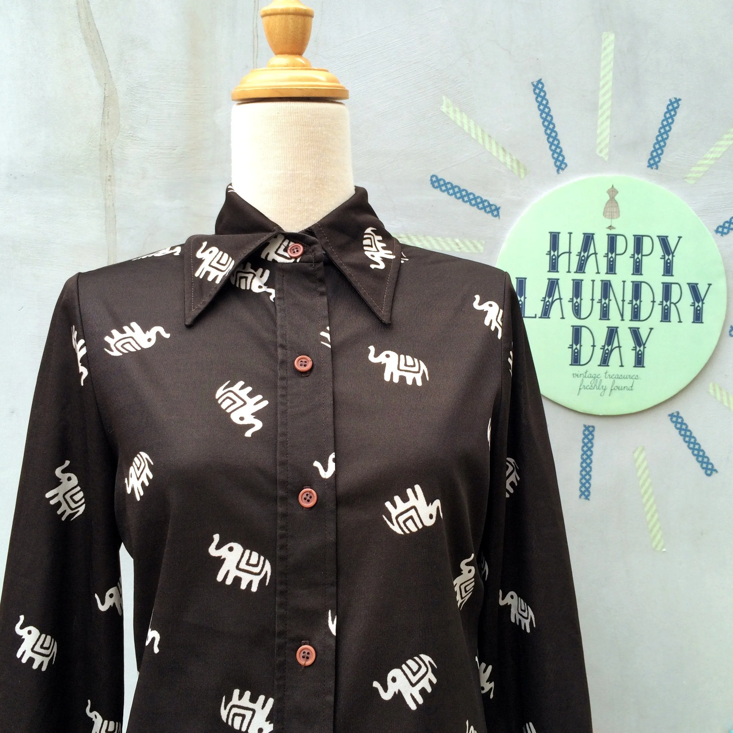Elly Ele | Vintage 1960s 1970s Big Pointy Collar dark brown shirt with Indie Elephant prints