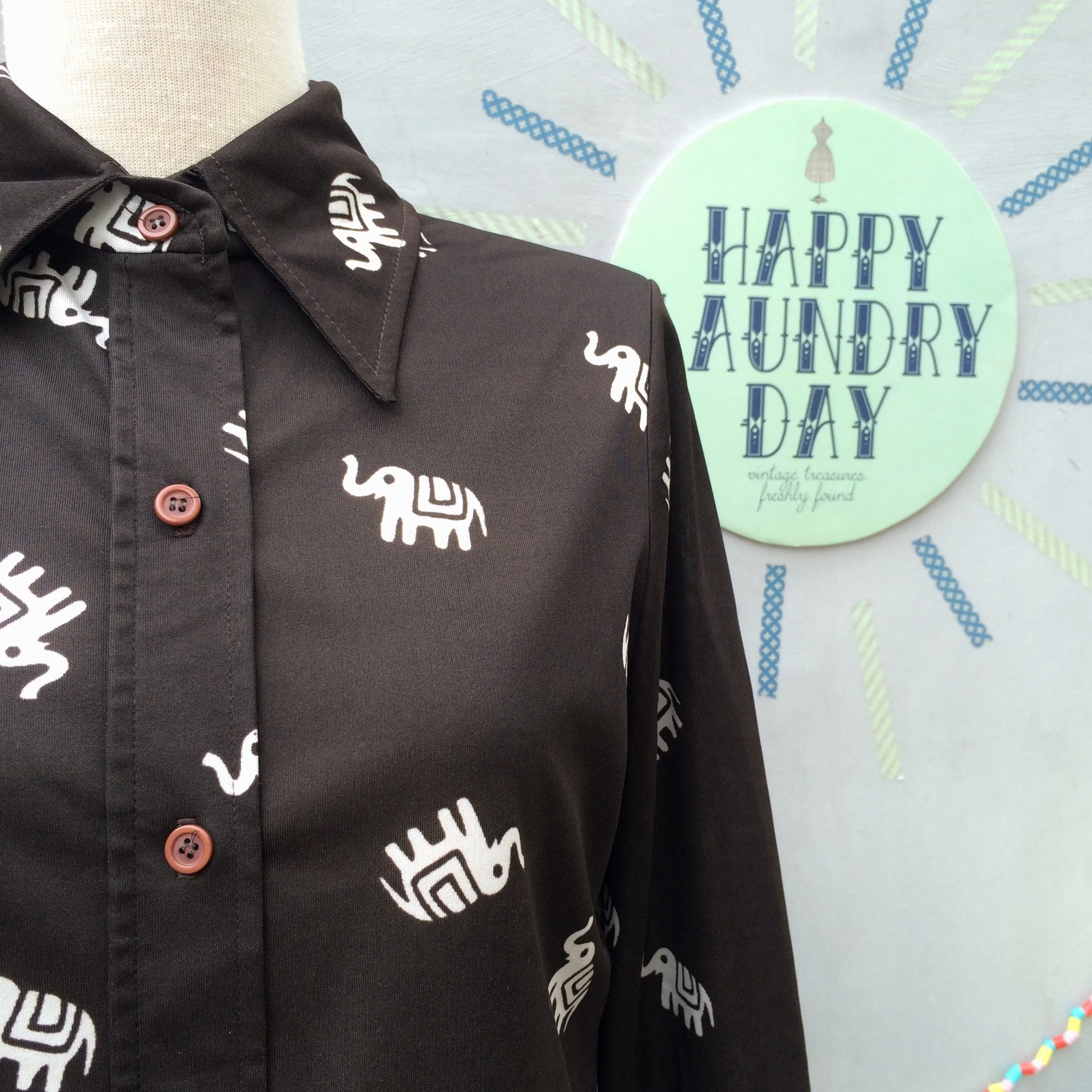 Elly Ele | Vintage 1960s 1970s Big Pointy Collar dark brown shirt with Indie Elephant prints