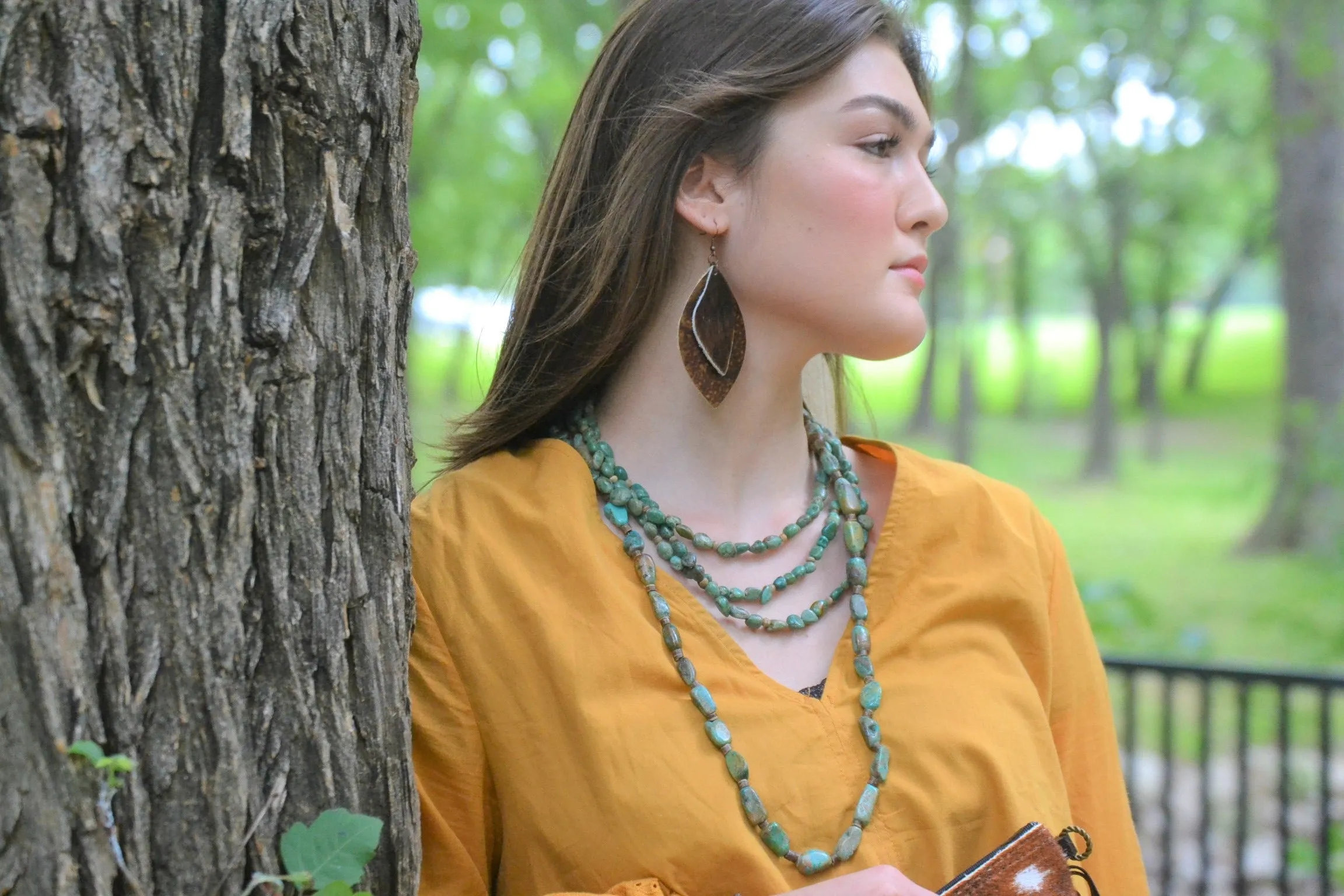 Genuine Long Natural Turquoise and Wood Layering Necklace 250w