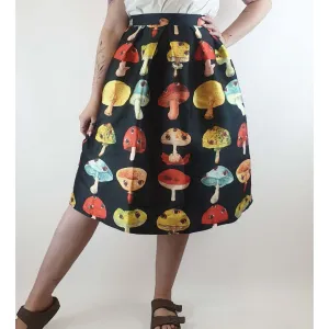 Handmade black skirt with unqiuee and cute mushroom print best fits size 12