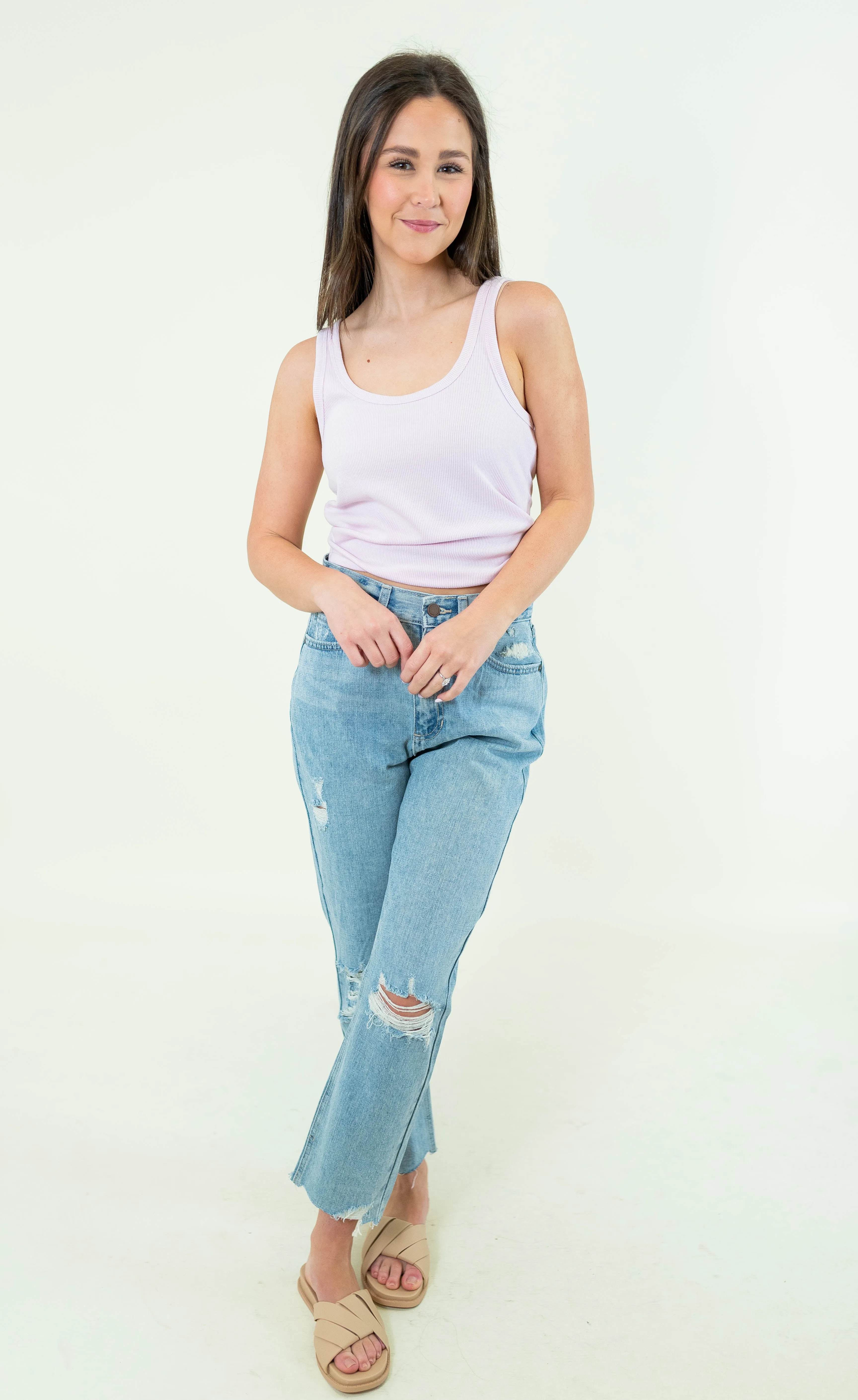 High Rise Distressed Straight Jeans