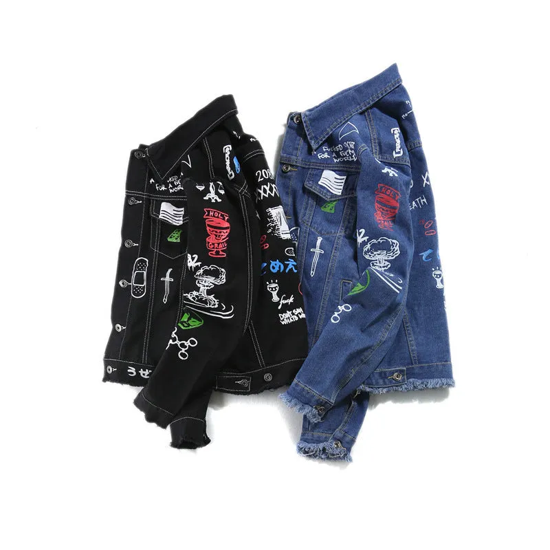 Hip Hop Fashion Printed Jeans Jacket Men  Autumn Winter Streetwear Denim Jackets Coats Cowboy Jacket Jaqueta masculina