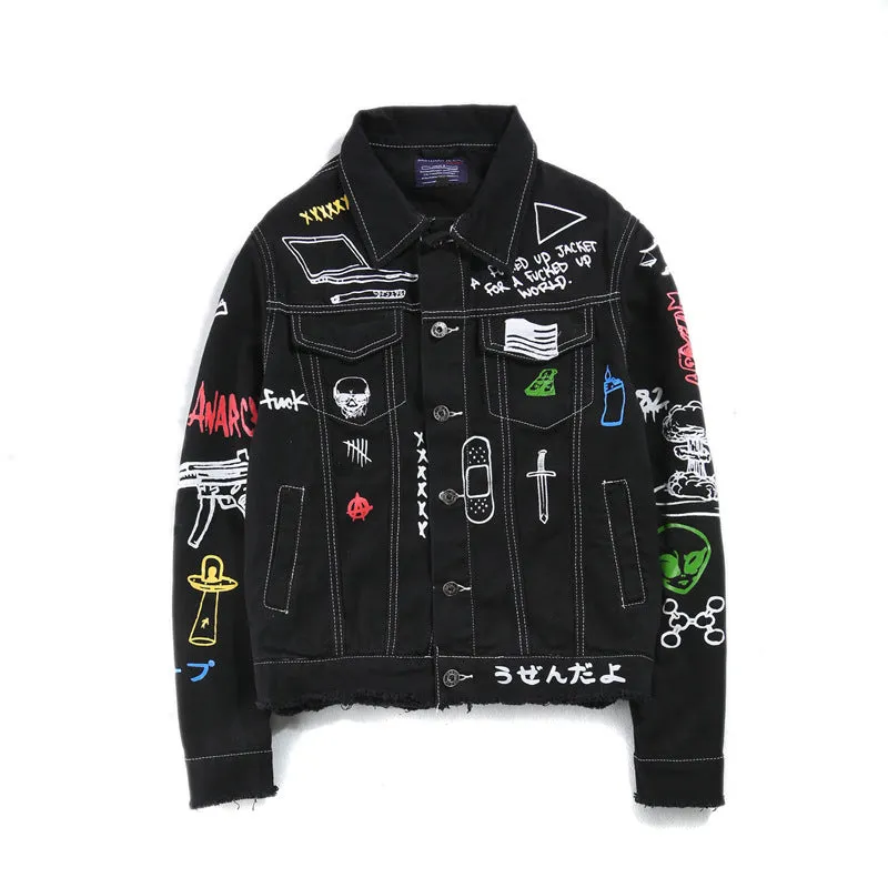 Hip Hop Fashion Printed Jeans Jacket Men  Autumn Winter Streetwear Denim Jackets Coats Cowboy Jacket Jaqueta masculina