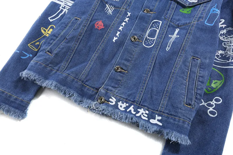 Hip Hop Fashion Printed Jeans Jacket Men  Autumn Winter Streetwear Denim Jackets Coats Cowboy Jacket Jaqueta masculina