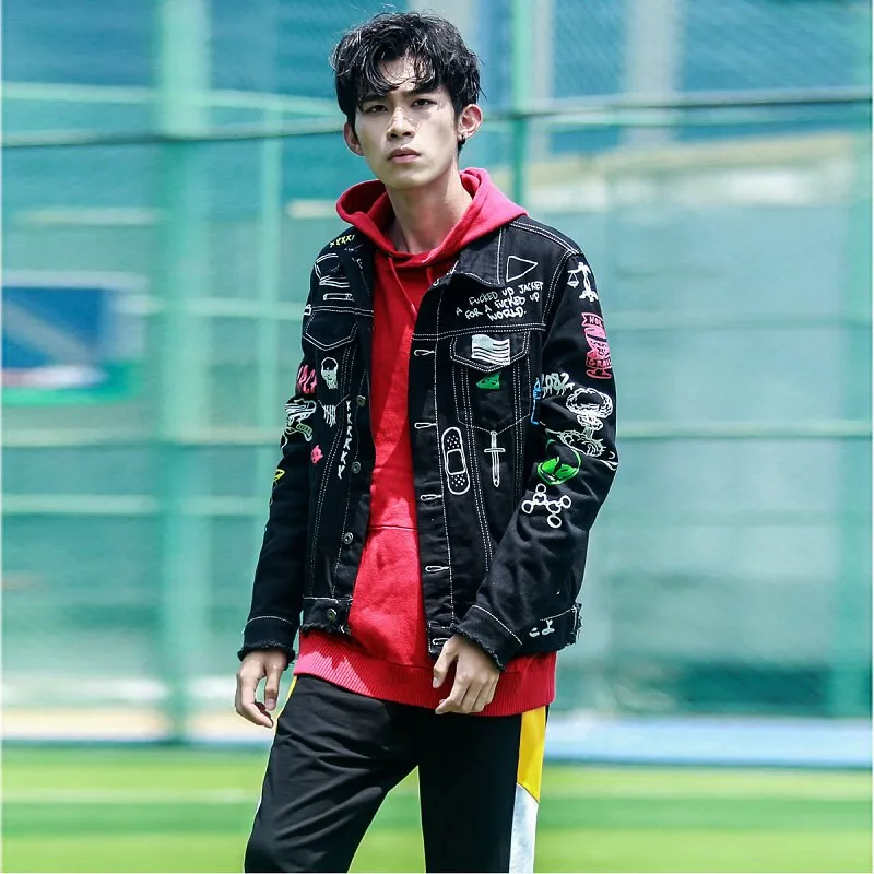 Hip Hop Fashion Printed Jeans Jacket Men  Autumn Winter Streetwear Denim Jackets Coats Cowboy Jacket Jaqueta masculina