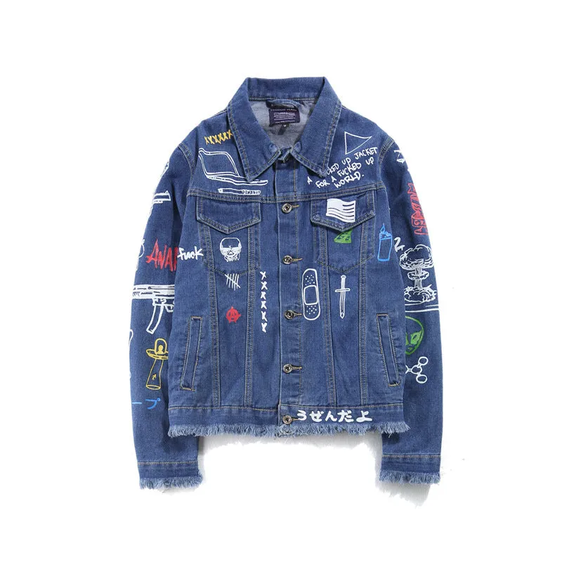 Hip Hop Fashion Printed Jeans Jacket Men  Autumn Winter Streetwear Denim Jackets Coats Cowboy Jacket Jaqueta masculina