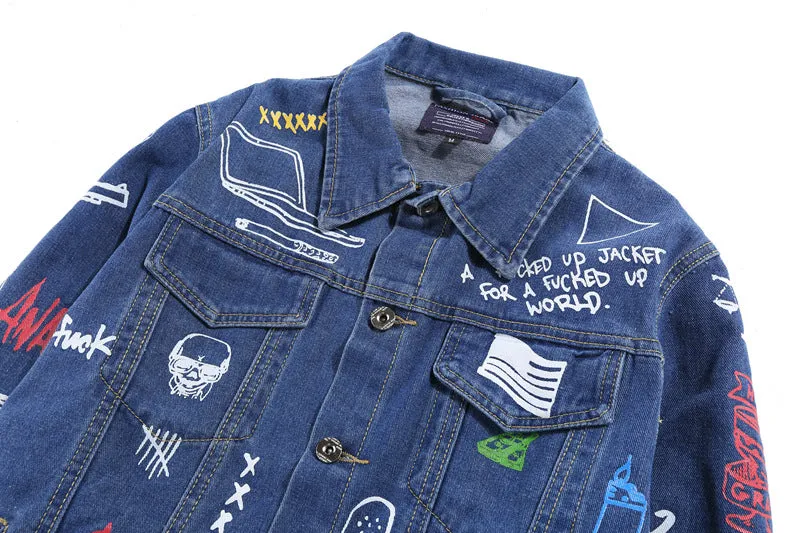 Hip Hop Fashion Printed Jeans Jacket Men  Autumn Winter Streetwear Denim Jackets Coats Cowboy Jacket Jaqueta masculina