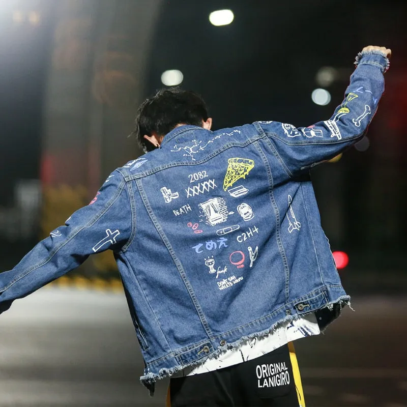 Hip Hop Fashion Printed Jeans Jacket Men  Autumn Winter Streetwear Denim Jackets Coats Cowboy Jacket Jaqueta masculina