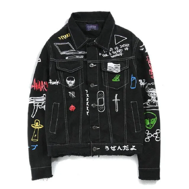 Hip Hop Fashion Printed Jeans Jacket Men  Autumn Winter Streetwear Denim Jackets Coats Cowboy Jacket Jaqueta masculina