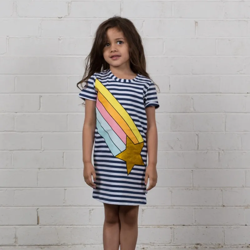 Hoot Kid - Rainbow Galaxy Dress - Navy Stripe