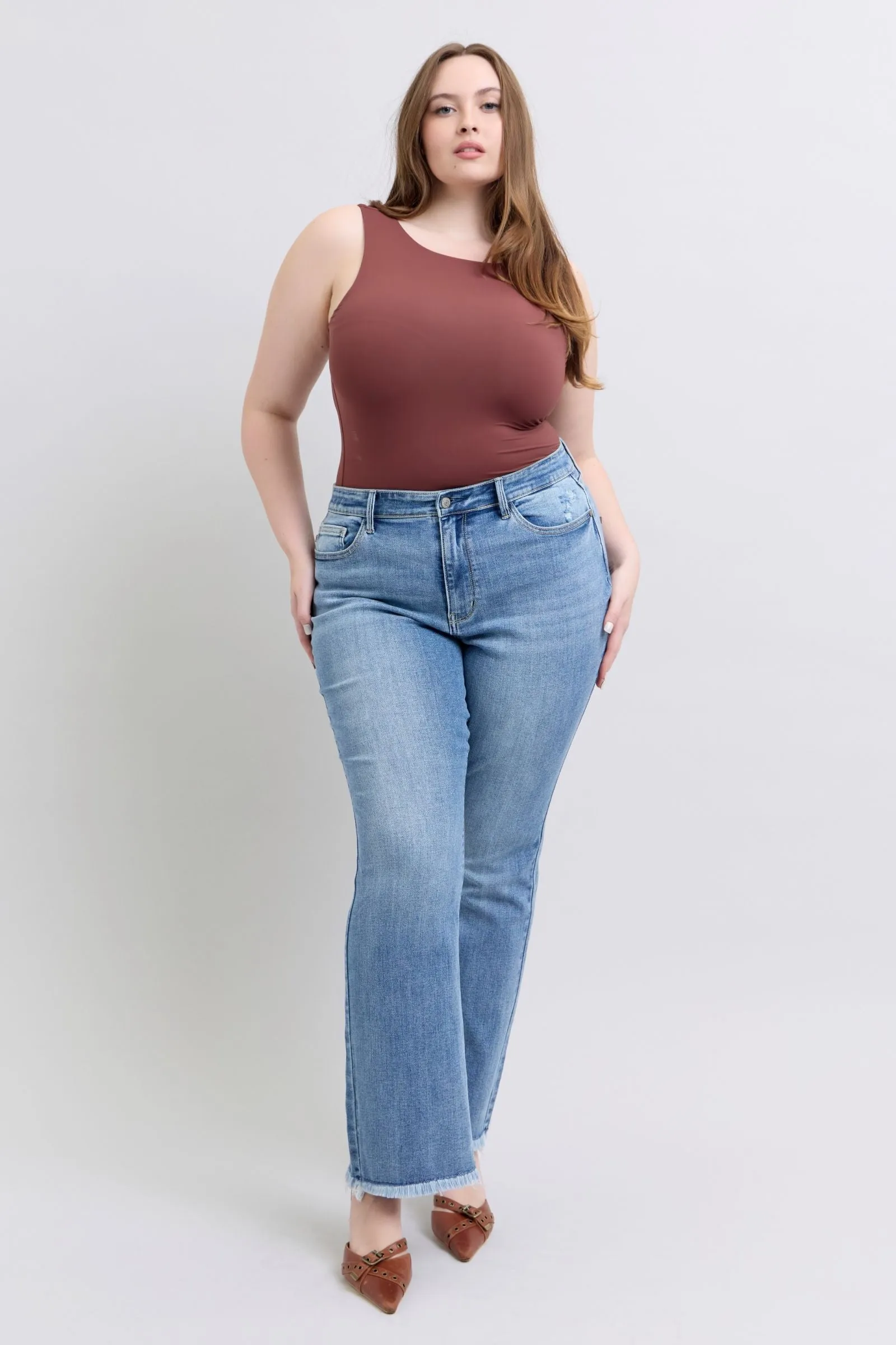 JUDY BLUE High Waisted Bootcut Jean With Frayed Hem