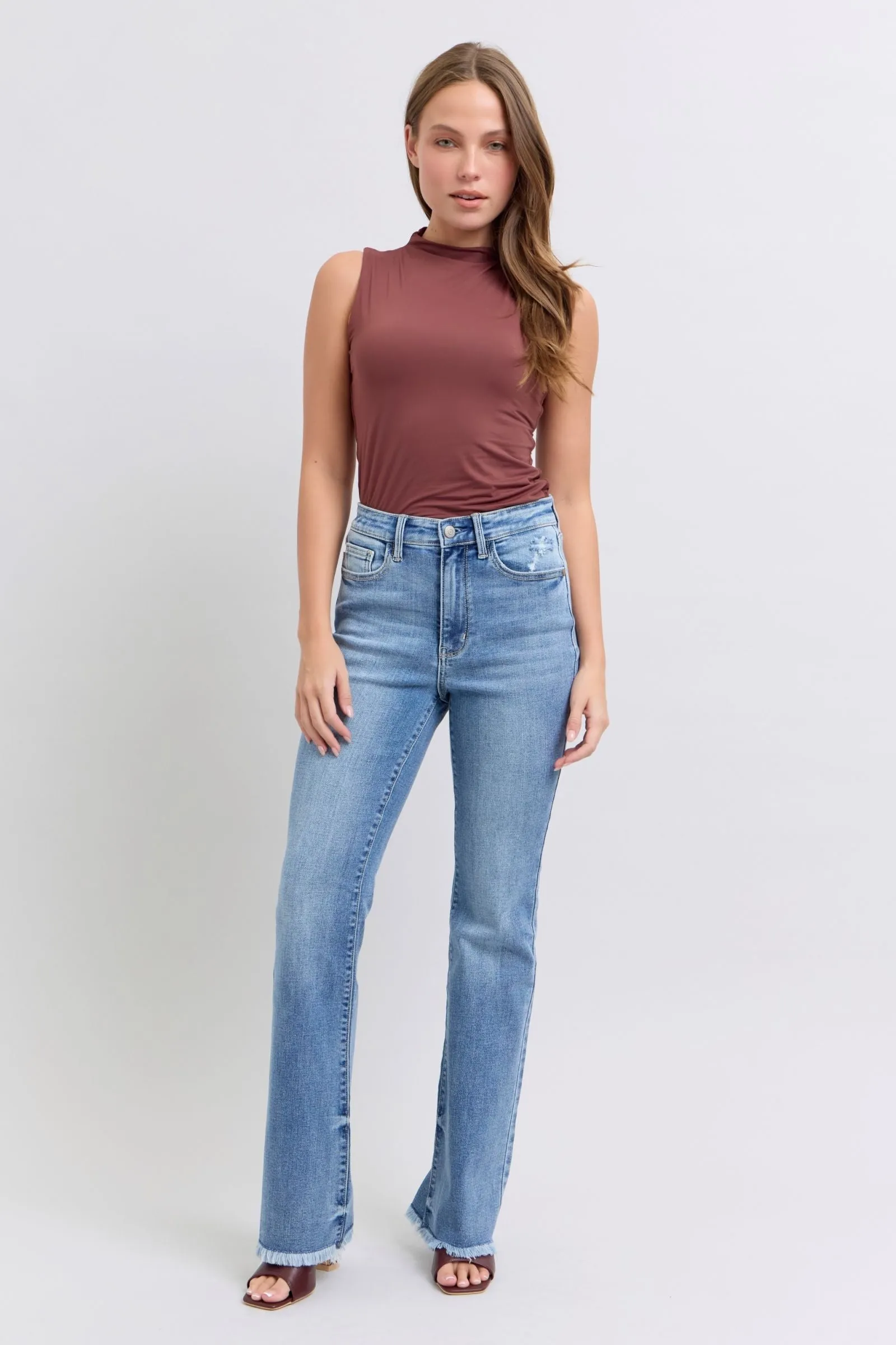 JUDY BLUE High Waisted Bootcut Jean With Frayed Hem