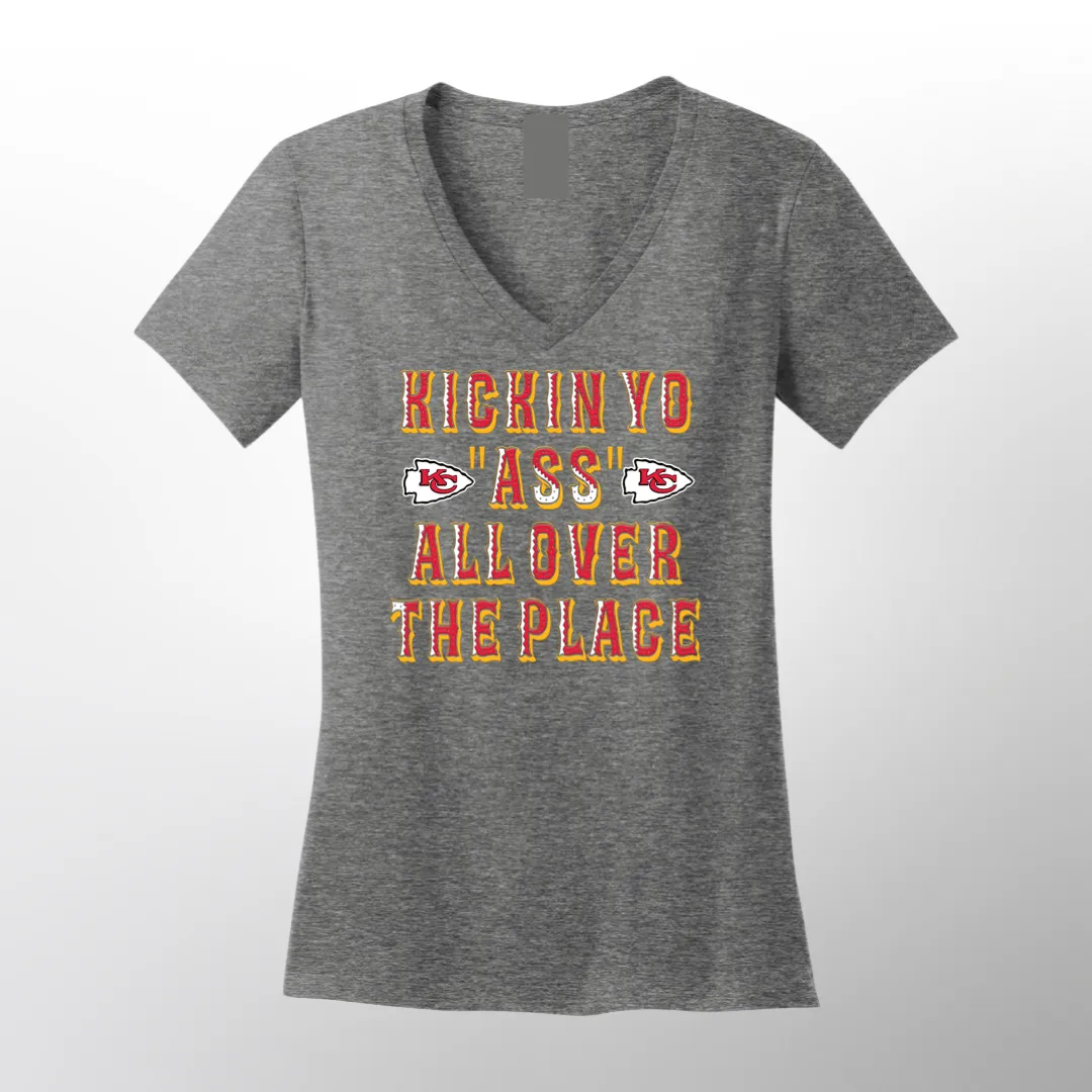 Ladies Kickin Ass Football V-neck (Kansas City)