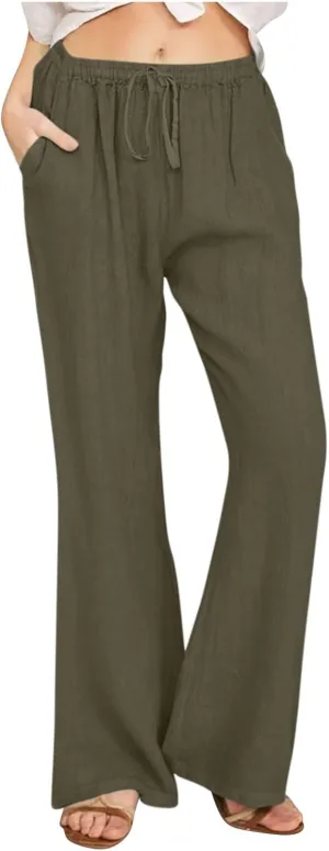 Linen Pants Women Cotton Linen Summer Palazzo Pants Flowy Wide Leg Beach Trousers Vacation Travel Pants with Pockets