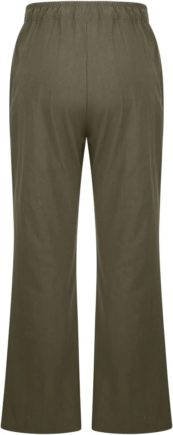 Linen Pants Women Cotton Linen Summer Palazzo Pants Flowy Wide Leg Beach Trousers Vacation Travel Pants with Pockets