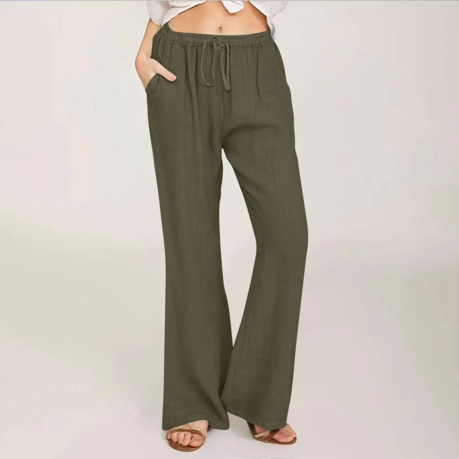 Linen Pants Women Cotton Linen Summer Palazzo Pants Flowy Wide Leg Beach Trousers Vacation Travel Pants with Pockets