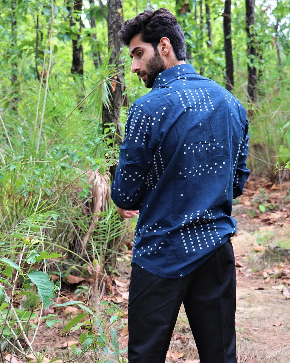 Midnight Blue Block Printed Cotton Shirt