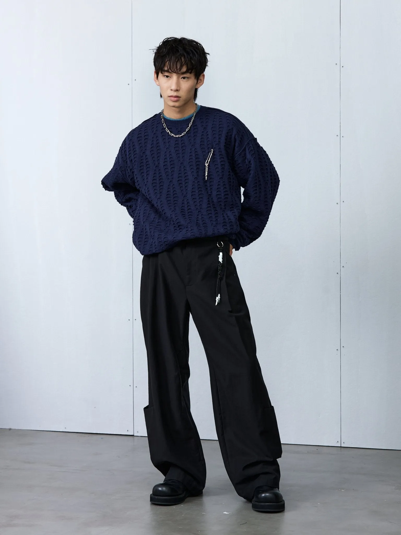 Navy Fish Scale Textured Sweater