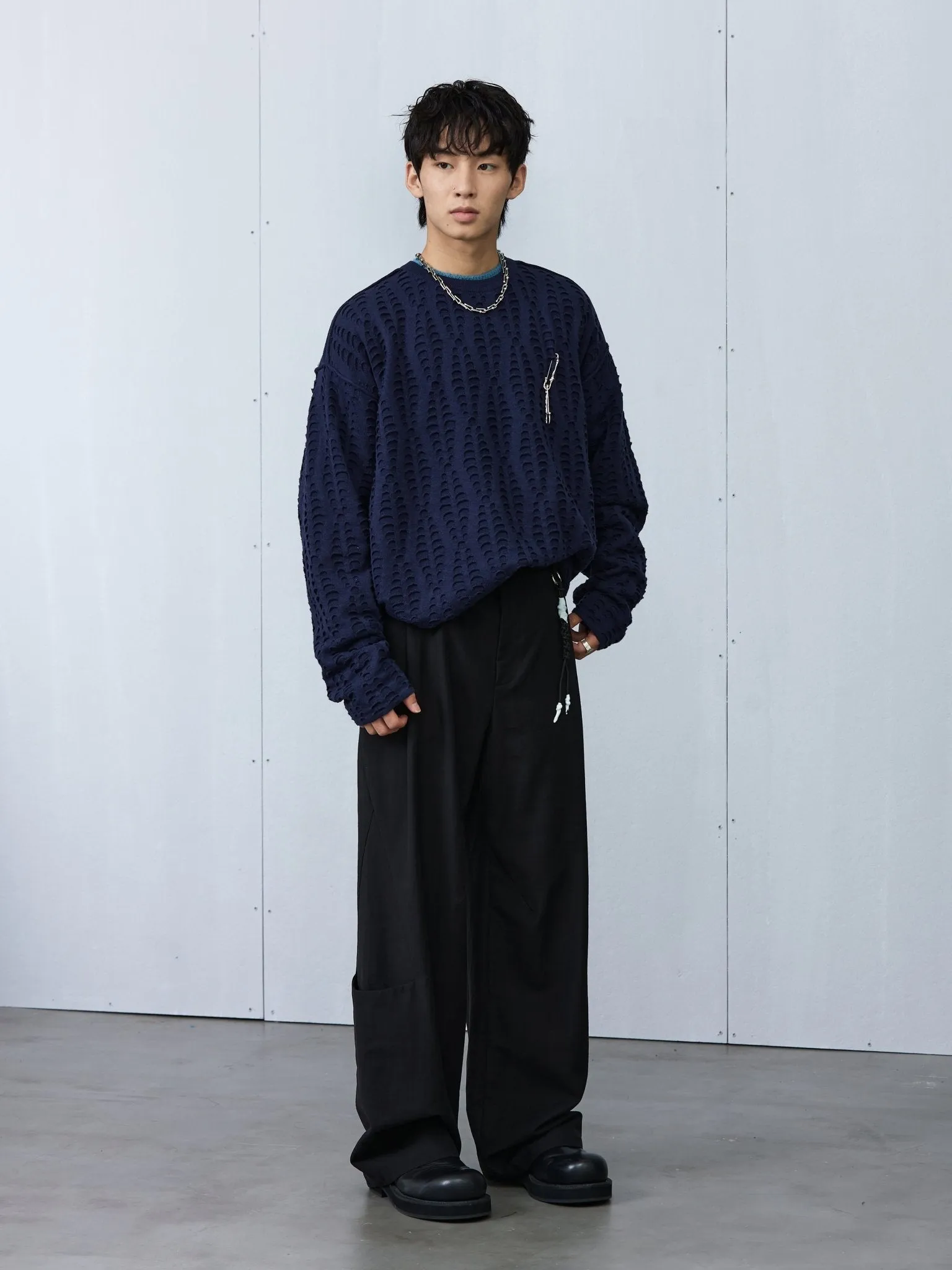 Navy Fish Scale Textured Sweater
