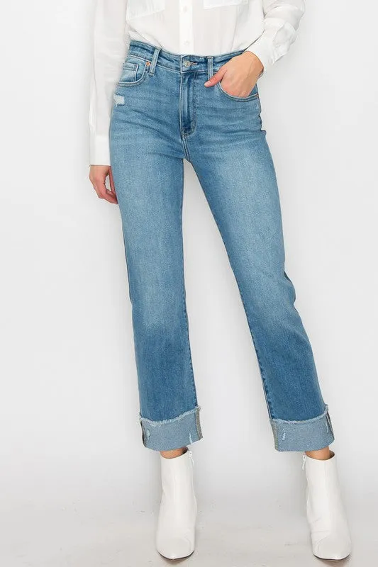 PLUS SIZE - HIGH RISE TWO-TONE STRAIGHT JEANS