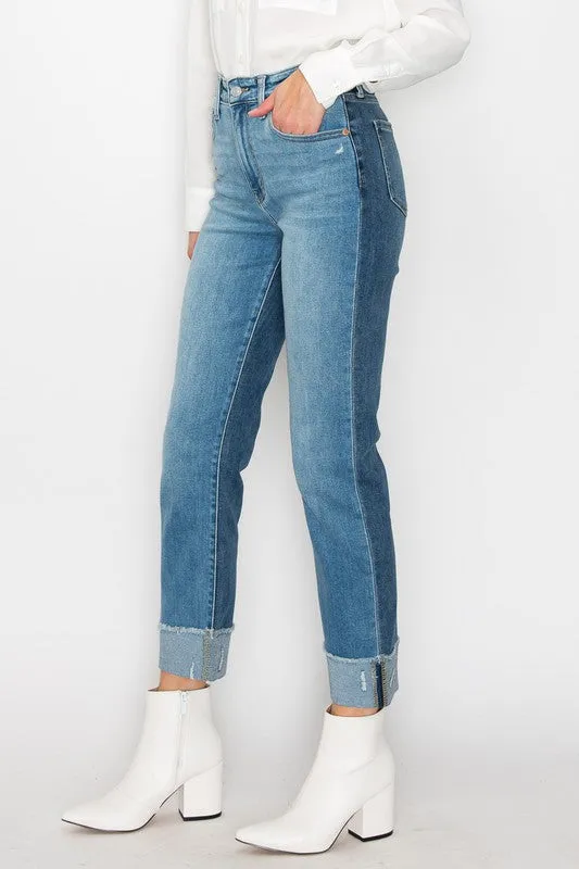 PLUS SIZE - HIGH RISE TWO-TONE STRAIGHT JEANS