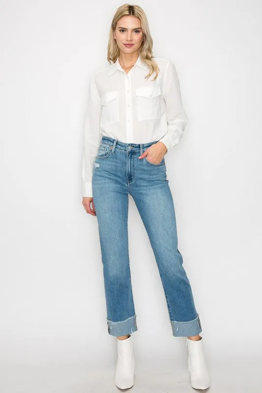 PLUS SIZE - HIGH RISE TWO-TONE STRAIGHT JEANS